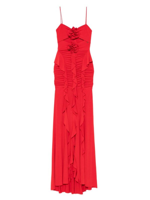 floral-appliqué ruffled maxi dress
